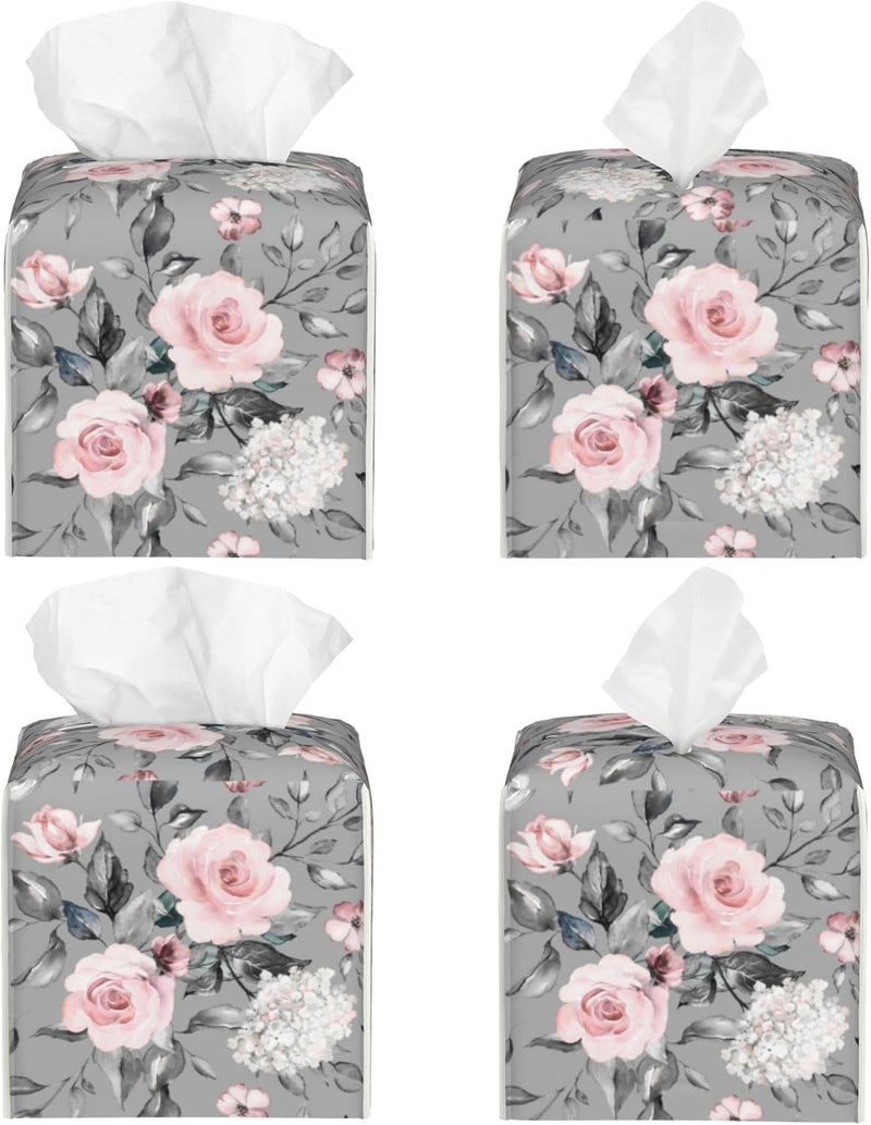 sndheke Pink Rose Flowers Tissue Box Cover Square,Colorful Spring Floral Tissue Box Holder Waterproof Leather Facial Paper Organizer Dispenser for Bathroom Home Car Nightstand Vanity Desk - Image 2